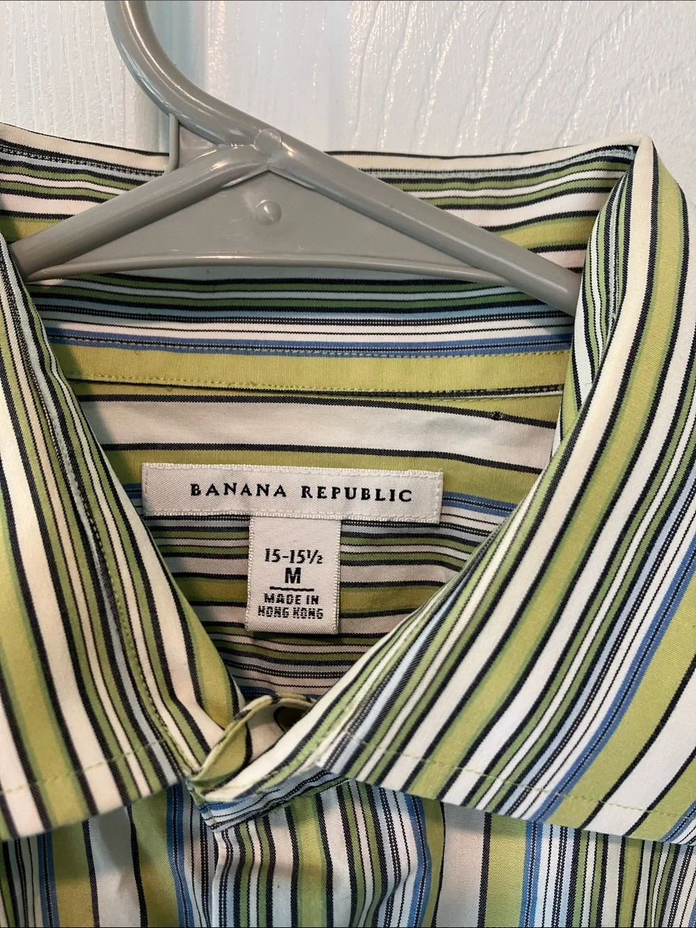 Banana republic 15-15.5 100% cotton button front shirt green stripe long sleeve